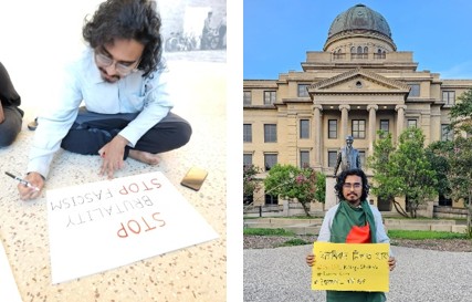Holding a hand-written protest sign